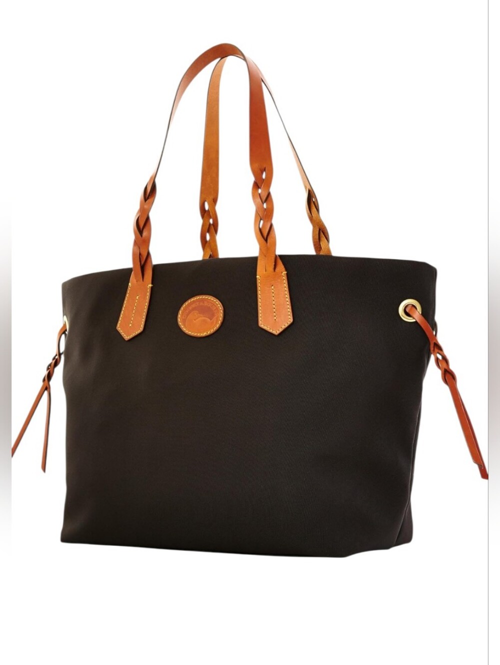 Dooney & Bourke Classic Black Nylon Shopper Tote Braided Leather Straps/Side